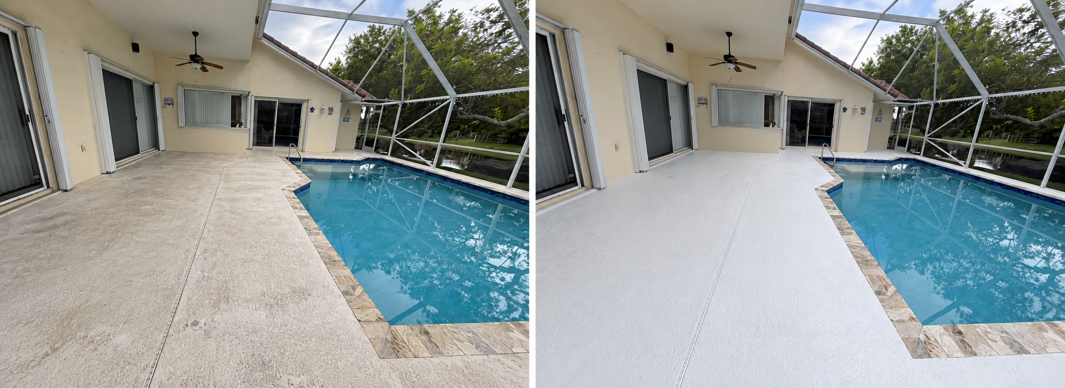 Same Coral Springs pool deck before painting and after its clean white finish