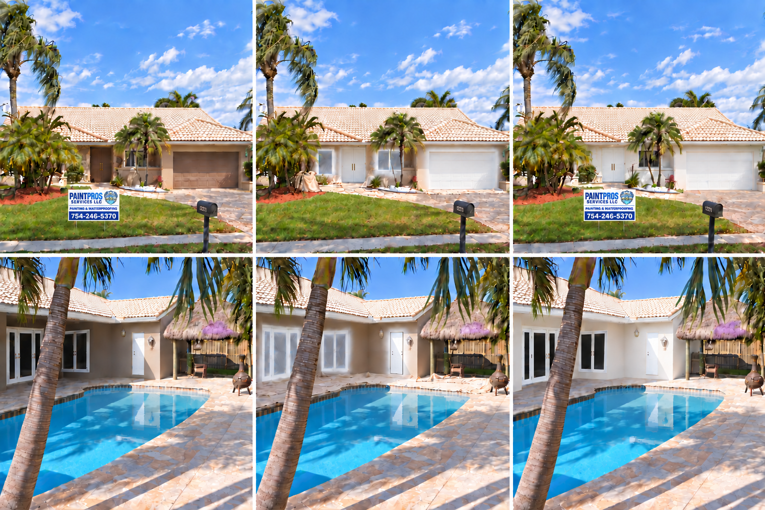 Approved Plantation window frame painting comparison: front above and rear patio below; Before, Process and After from left to right