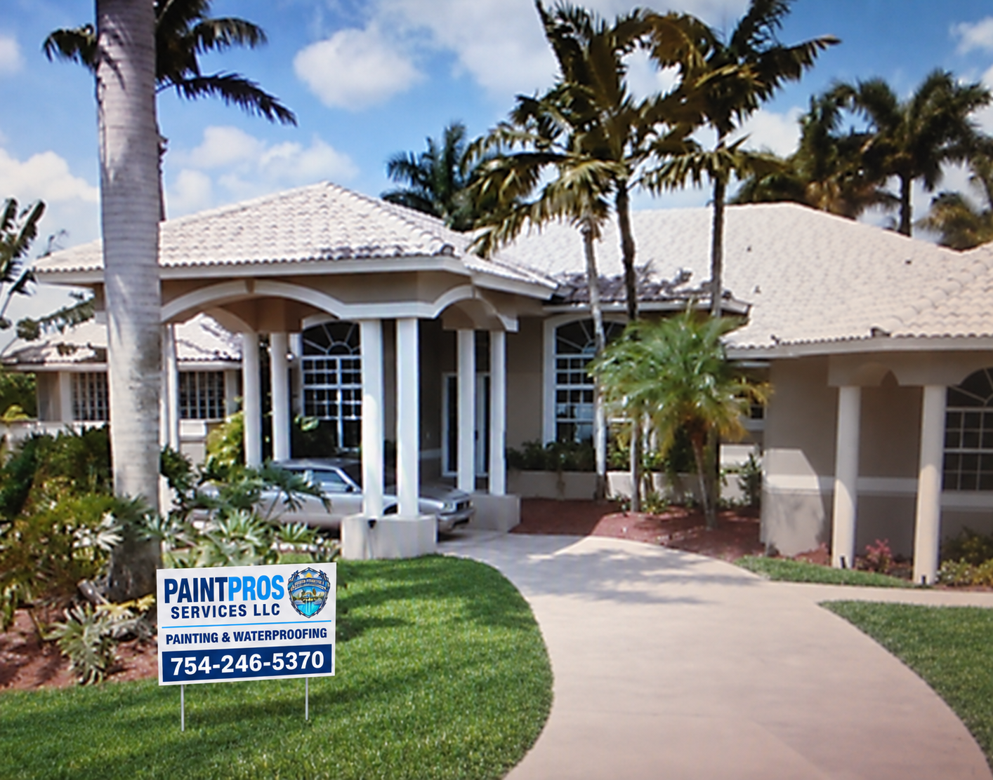 Southwest Ranches house before exterior painting, with green lawn and the approved PaintPros yard sign