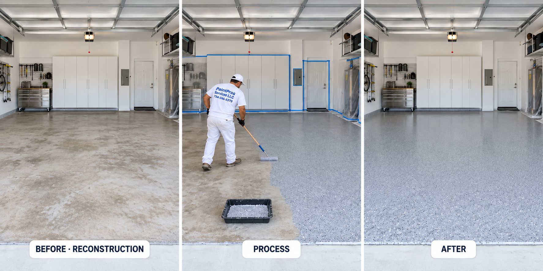 Coconut Creek garage floor with reconstructed uncoated before, coating application in process, and finished gray floor