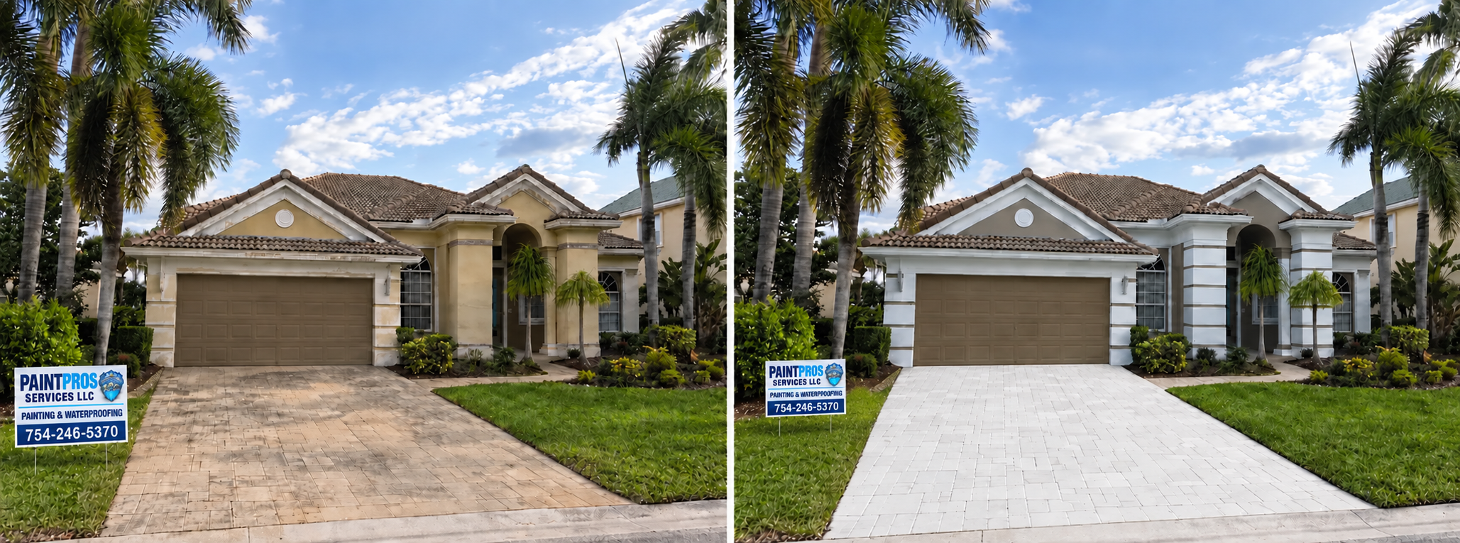Coral Springs complete exterior painting before and after with the corrected white driveway