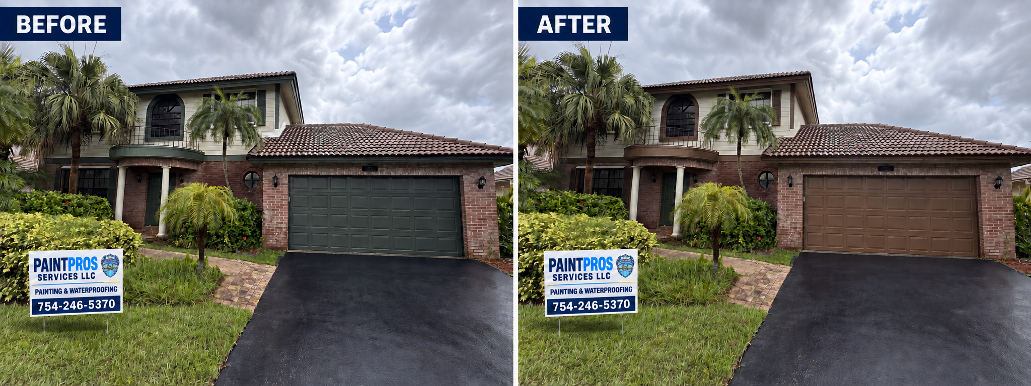 The same Davie residential house before with a green garage door and after with a brown garage door, with matching PaintPros yard signs in both views