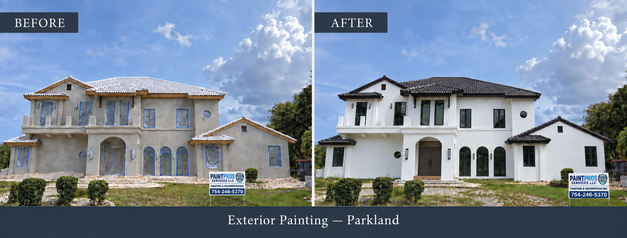 The same Parkland new-construction residence before and after exterior painting, with matching PaintPros signs on the grass in different positions