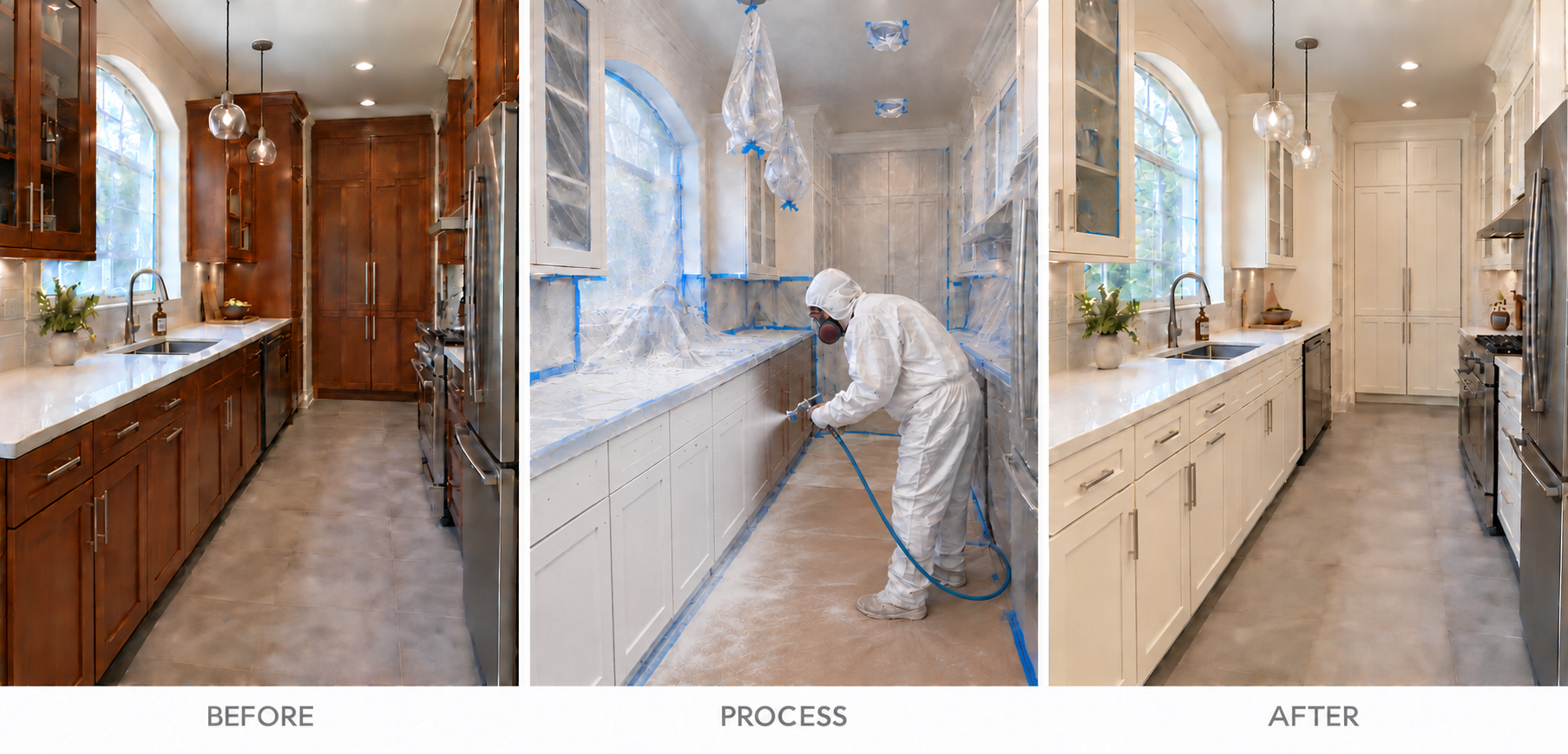Kitchen cabinet painting before, during professional spray preparation, and after