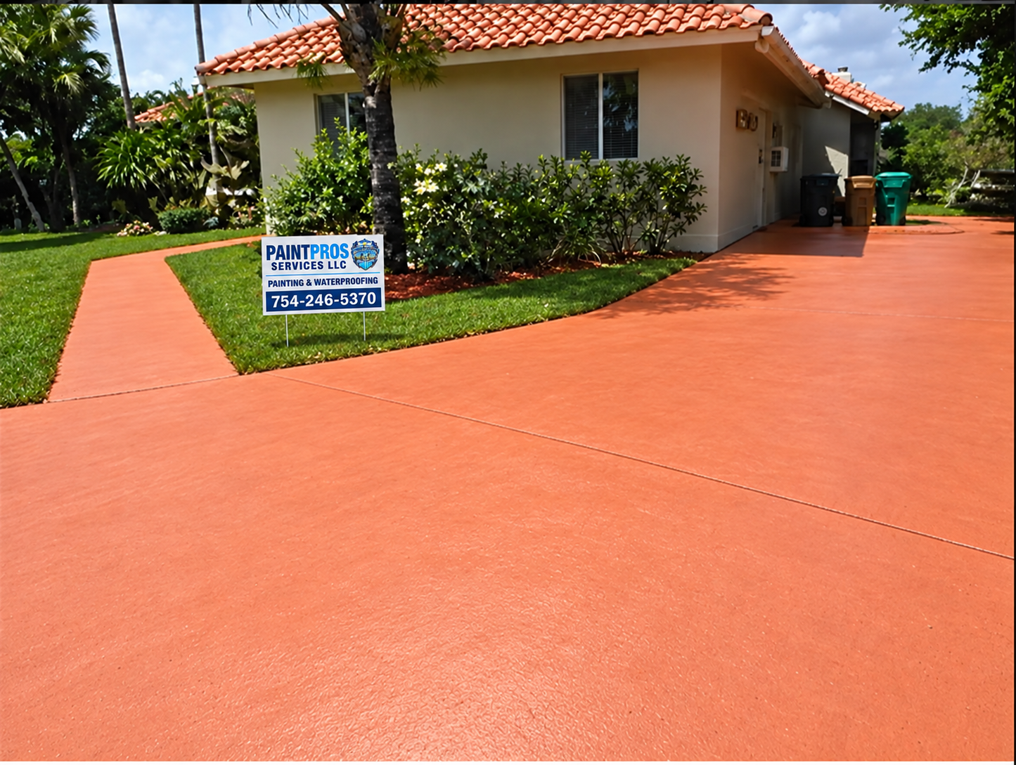 Same completed terracotta driveway with the owner removed, showing the entire painted floor and PaintPros sign