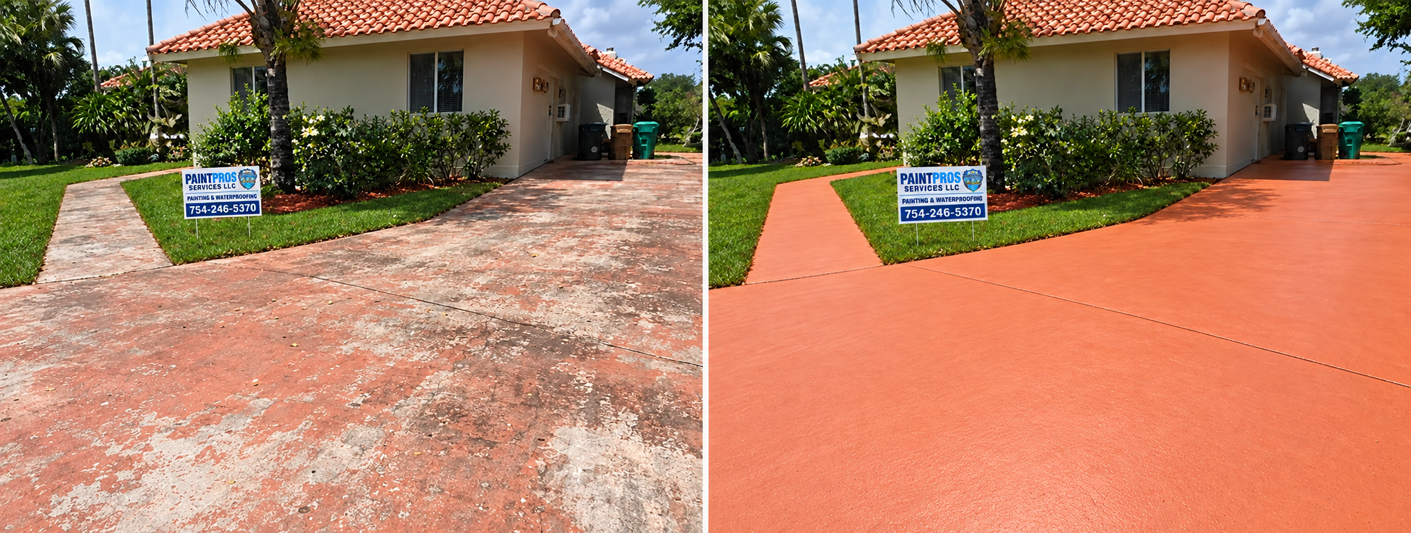 Same terracotta driveway before and after painting, with no person obscuring the completed floor