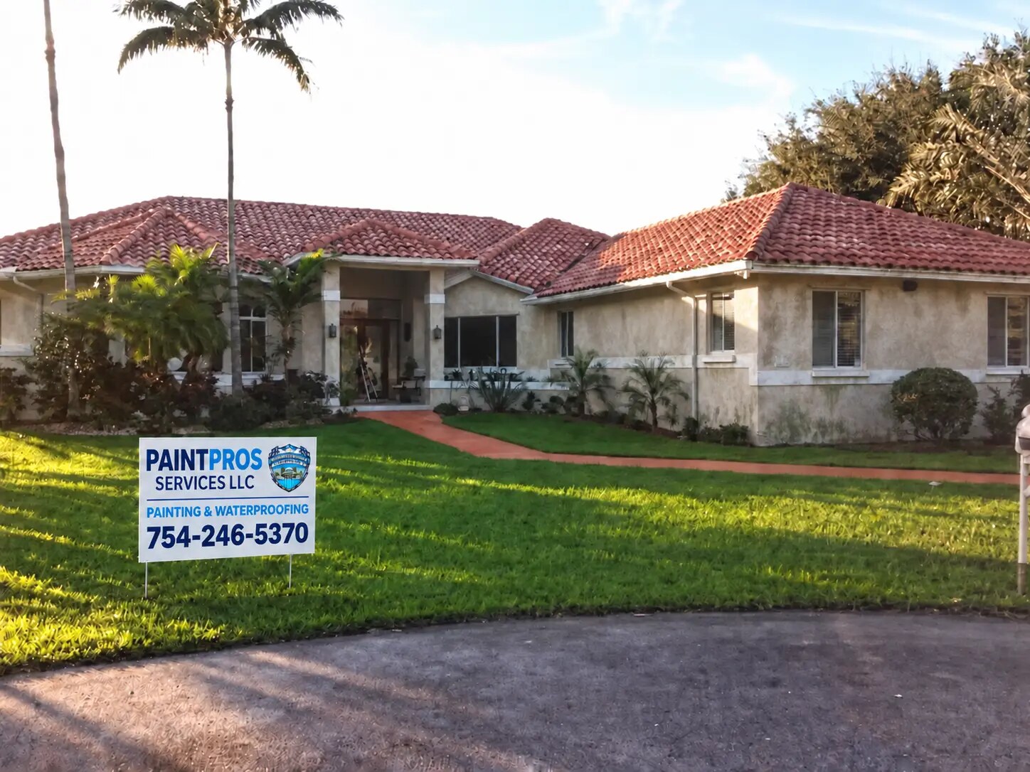 Same single-story patio exterior with faded and weathered paint before repainting and the approved PaintPros yard sign