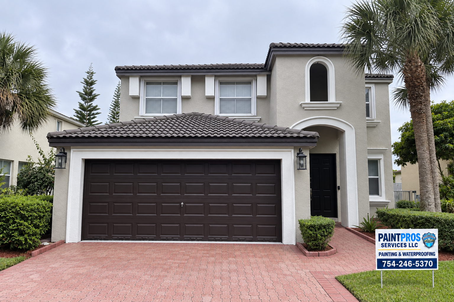 Same two-story home after repainting, with a gray exterior, charcoal tile roof, white trim and the matching approved PaintPros yard sign