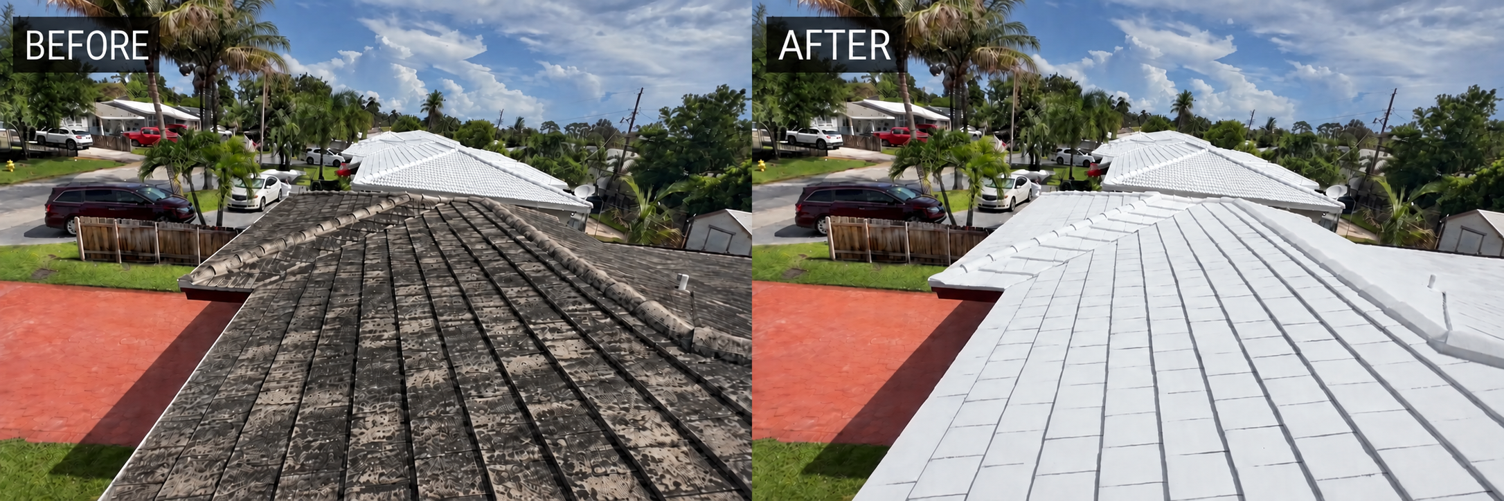 Oakland Park roof before with severe black staining and after professional preparation, patching, filler and white roof painting